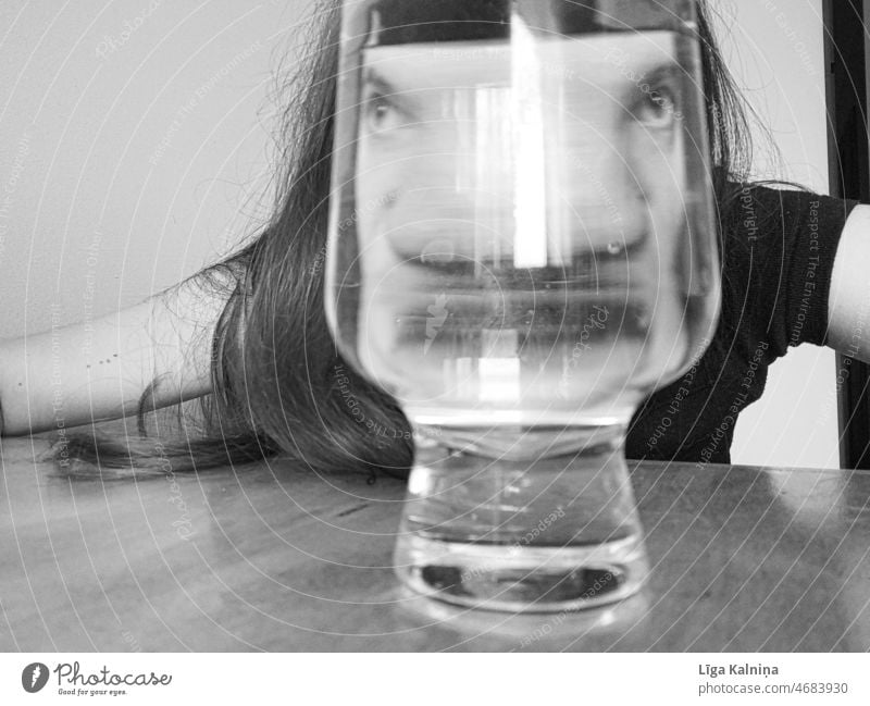 Funny face through water glass Humor Portrait photograph Human being Looking Looking into the camera Crazy Woman Colour photo Young woman Adults 1 Feminine
