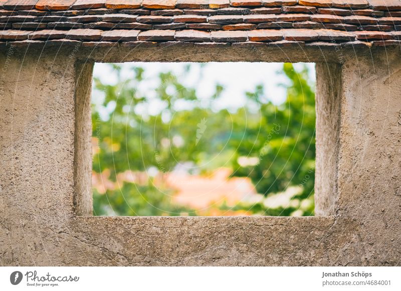 View through window without glass in old wall outlook Vista Window Entrance Nature Green Stone brick Exterior shot Colour photo Deserted Day Wall (barrier)