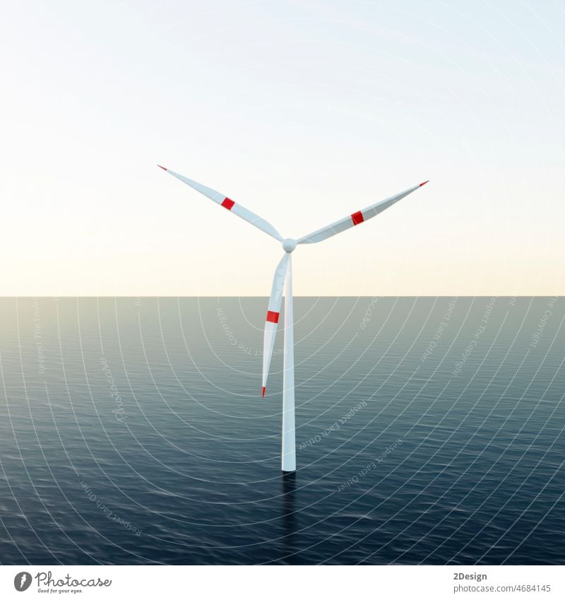 Isolated wind turbine on ocean. 3d render energy electricity generator environment sea renewable alternative power clean ecology offshore windmill technology