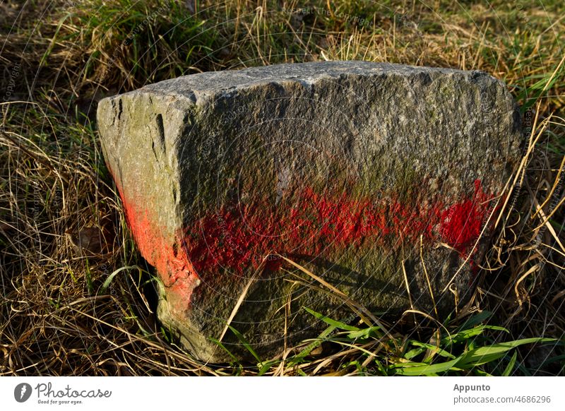 Rock cuboid with red mark Stone landmark Cuboid Red Wayside Exterior shot Colour photo Signs and labeling Day Line Field Meadow Light Sun plasticity Granite