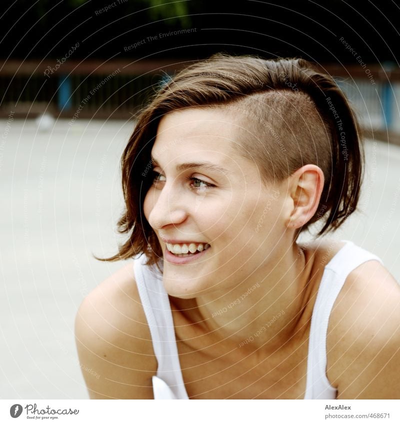 Portrait of a young, athletic, smiling woman with undercut Young woman Youth (Young adults) Head Hair and hairstyles Face 18 - 30 years Adults Shirt Brunette