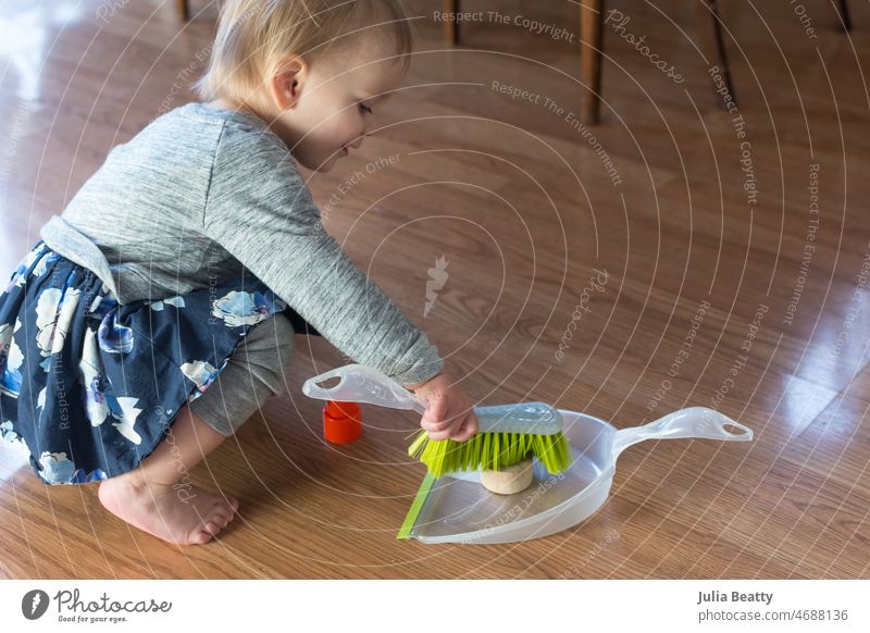20 month old toddler practices sweeping using a dustpan and brush to move toys around; learning life skills and mimicry clean watch observe independent play