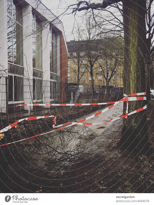 Public nuisance | loveless temporary solution Storm damage Damage Tree off Hamburg Gale flutterband cordon Dark Building Footpath Pedestrian obstacle branches