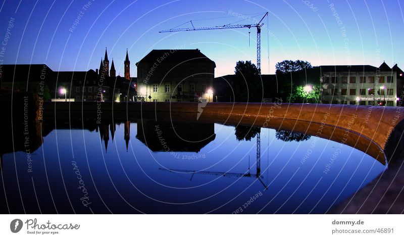 Würzburg at night Night Dark Twilight Long exposure Town Evening Reflection Mirror Well Crane House (Residential Structure) Church Blue Build Building Dome