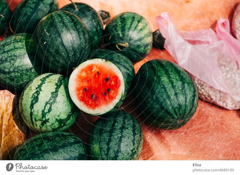 watermelons Watermelons Sliced half Green Red entirely Water melon fruit Summer Markets Round Fruit Food cute Mature Juicy Dark green Fruity