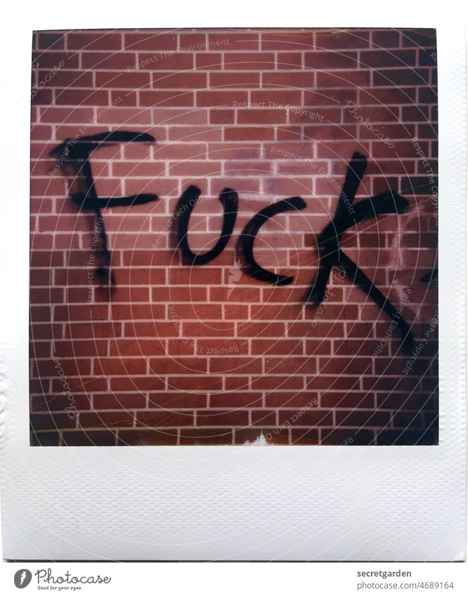 F*ck Put.in fuck Graffiti Wall (building) Polaroid Analog Brick Facade house wall Brown Red White Black Wall (barrier) Exterior shot Deserted Colour photo