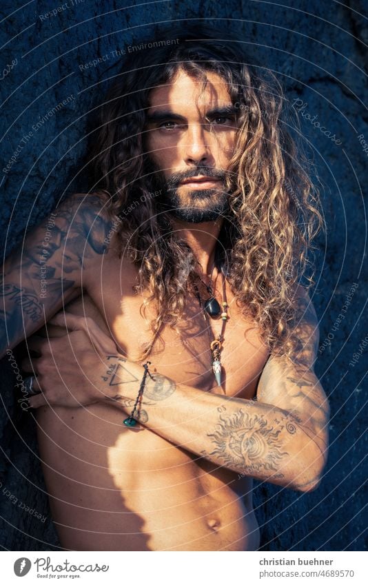 portraits of a 35 year old man with long hair Man Young man long hairs curly hair naked torso Naked Latin lover erotic Hippie self-sufficient Facial hair