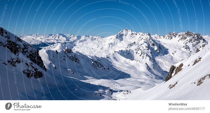 Mountain top panorama in winter - view of Madrisahorn and ski resort Klosters Winter winter landscape Alps Snow Snowcapped peak Ski tour Sun sunny day