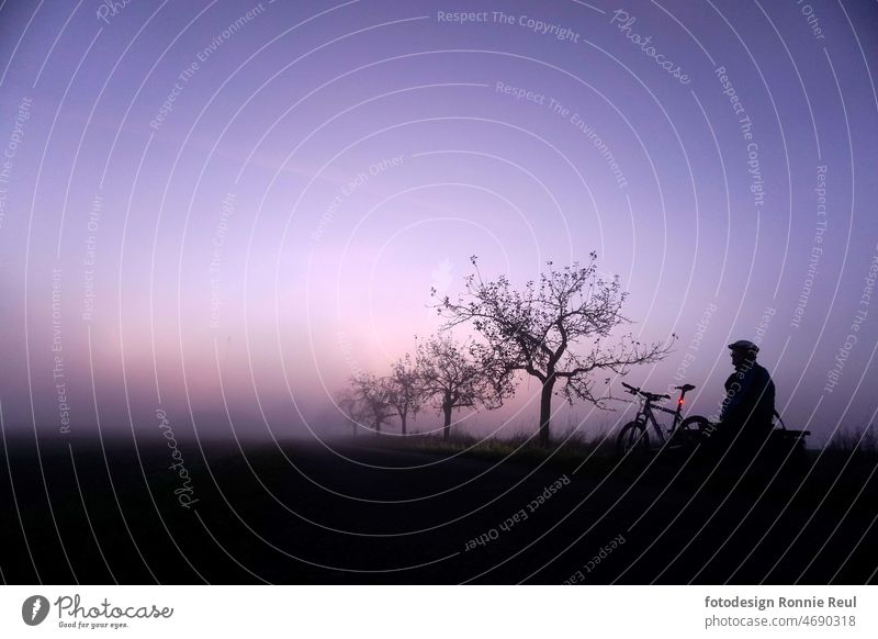 Mountain biker sitting on a bench in rising fog after sunset. Moutainbiker Bicycle moutainbike Evening Dusk blue hour trees Fog Blue Rear bicycle light