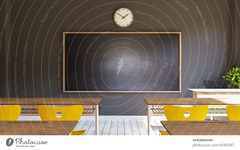 Empty interior of classic school classrooms with black chalk 3D rendering yellow 3d rendering learning students abstract academic pupil teacher clock space