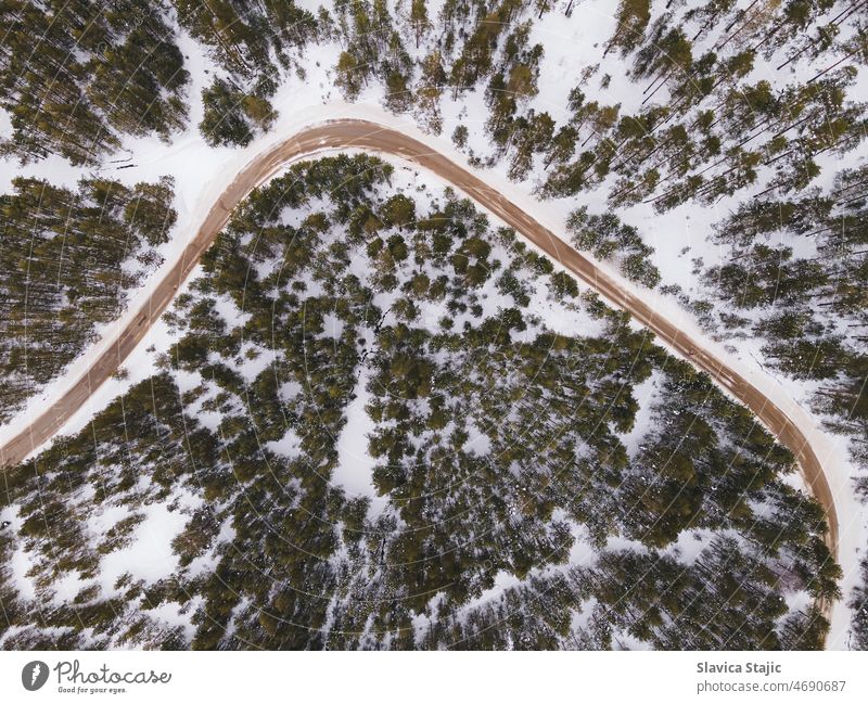 Winter Road. Aerial view of a road through snow covered forest in winter. wood curvy top transport natural destination environment drone asphalt path journey