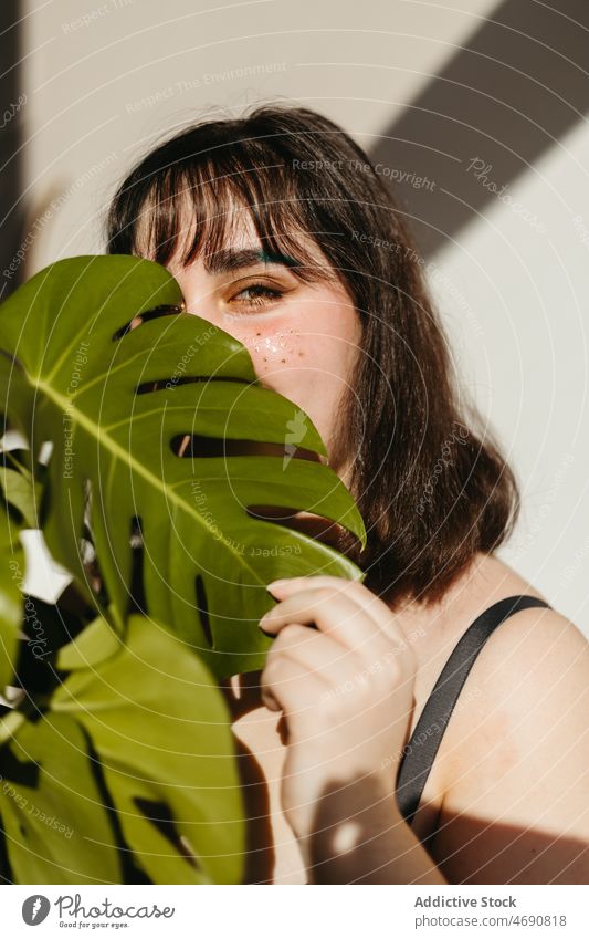 Woman covering face with green leaf woman plant hide cover face makeup appearance sunlight floral room houseplant peek feminine positive home female foliage