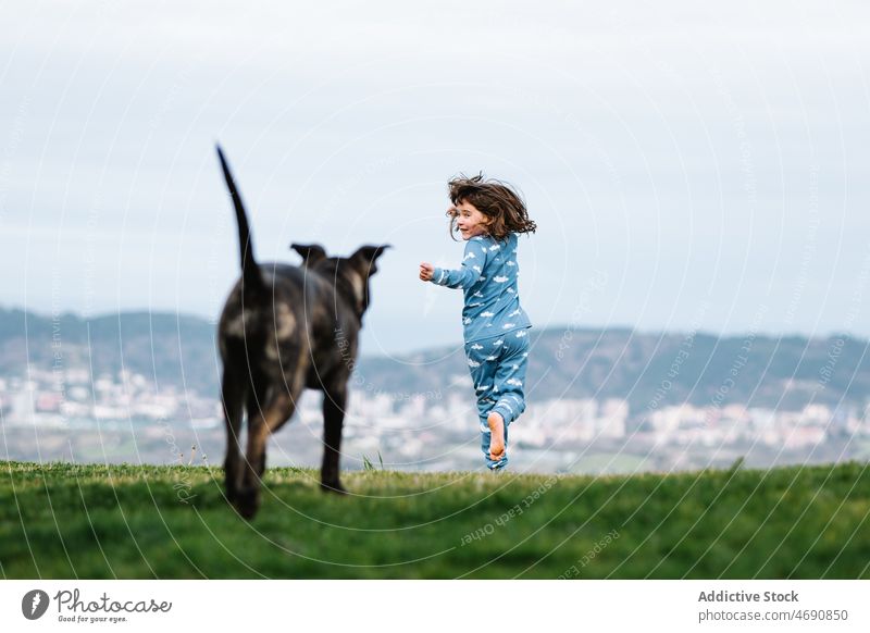 Anonymous girl playing with dog on lawn kid american pit bull terrier animal pet playful mammal pastime pedigree breed cute adorable happy purebred canine loyal