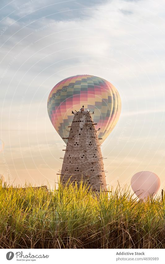 Bird tower on field near air balloons bird pigeon nesting egyptian culture hole architecture house stone wall building construction structure stick tall flock