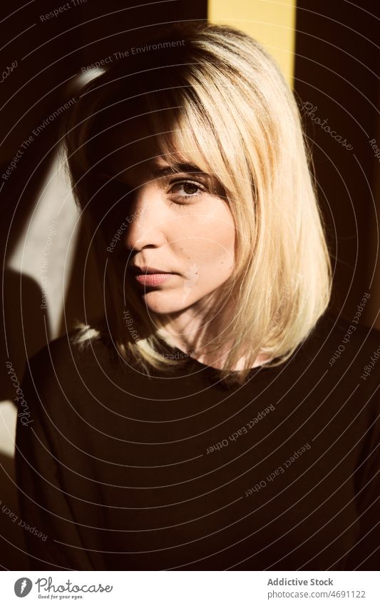 Young woman with shadow on face sunlight room serious appearance sunshine gaze style feminine shade calm lady bright blond female young thoughtful sunbeam