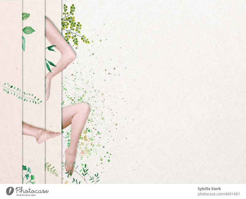 legs and arm sticking out from blinds with painted leaves and splatter beauty self discovery eco beautiful cosmetic natural nature natural beauty spa organic