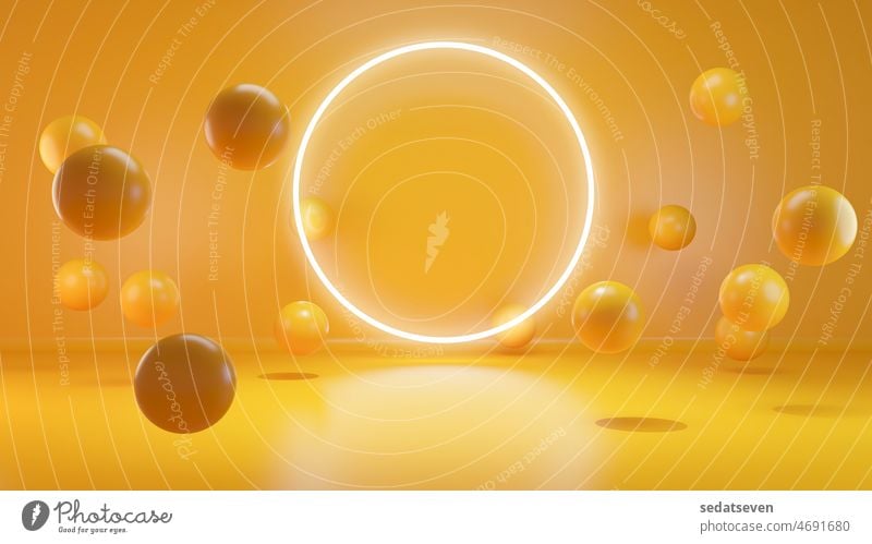 Product display area concept created with globe yellow shapes and circle neon light 3D rendering space mockup presentation decorative creative bubbles template