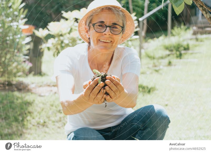Portrait of an old woman doing some gardening while smiling to camera during free time. Leisure time activities at home. Saving the planet plating plants. Planet concerns. Mature people works at home