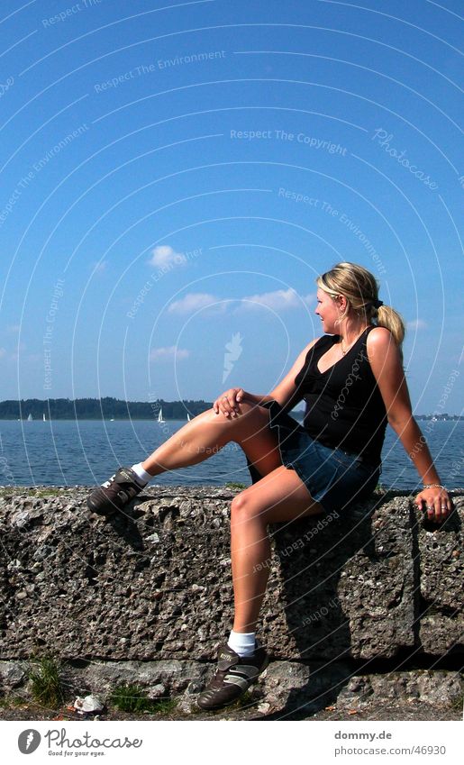 girlfriend@chiemsee Woman Lake Chiemsee Wall (barrier) Summer Physics Mini skirt Clouds steffi Stefanie Sit Stone Sun Warmth top. water