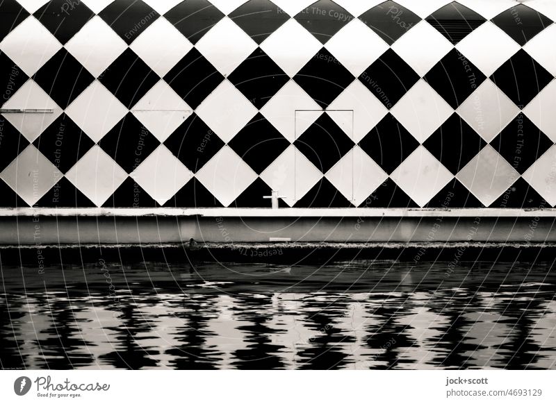 Check black + white steamer Excursion boat Decoration diamonds black-and-white Checkered Structures and shapes Design Pattern Reflection Style Abstract