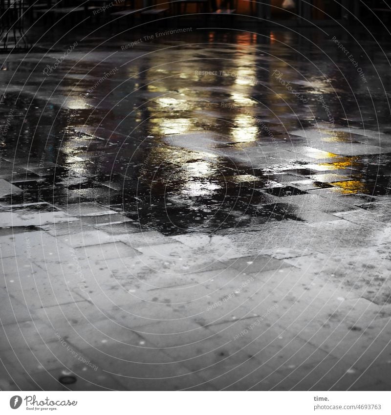 Light at the end of the rain Rain Wet Puddle reflection off Concrete slabs Bad weather urban tribulation Bad mood