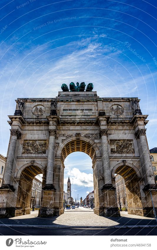 Munich Siegestor with blue sky Victory Gate peace Goal Architecture Vista Bavaria Street view from below Ground Blue sky Landmark Town Downtown Shadow