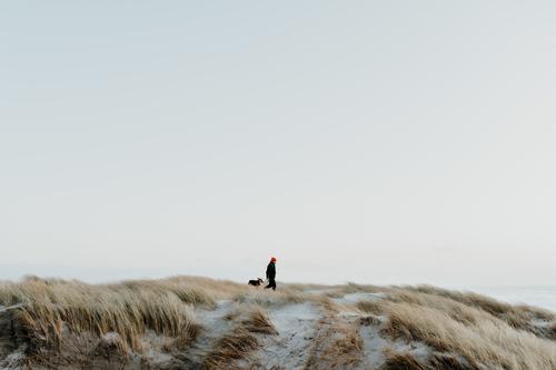 Man with dog in the dunes Dog Winter To go for a walk Evening evening mood red cap Calm Lonely Vacation & Travel coast Sand Beach Ocean Nature Relaxation