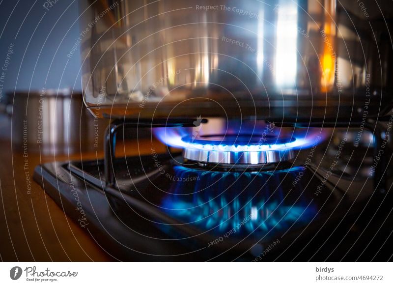 Gas flame on a gas stove on which cooking is taking place . Cooking pots Gas stove boil Energy Natural gas LPG Flame Blue Expensive gas price Gas supplies