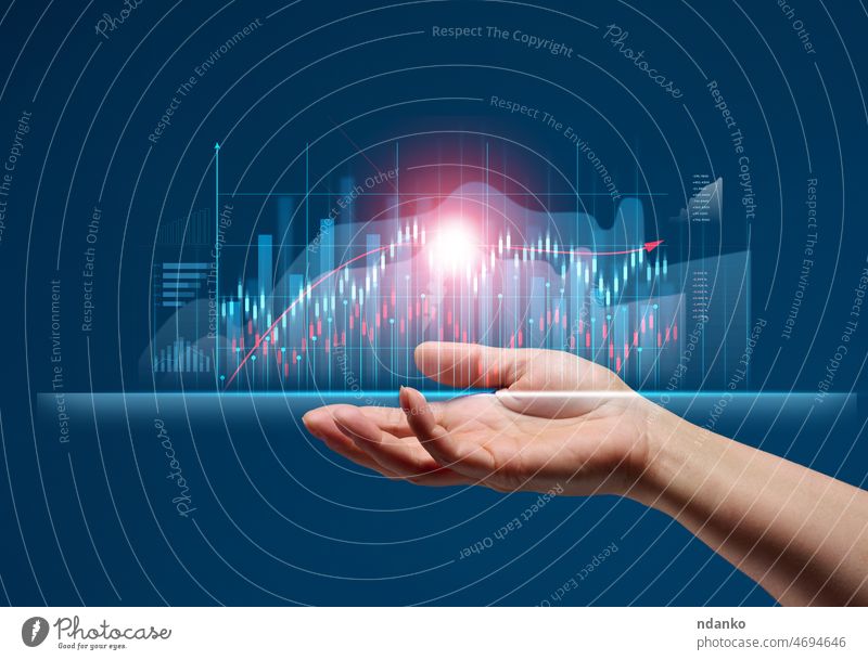 holographic graph with growing indicators and a woman's hand. Business growth concept, profitable startup, profitable business strategy analysis analyzing arm