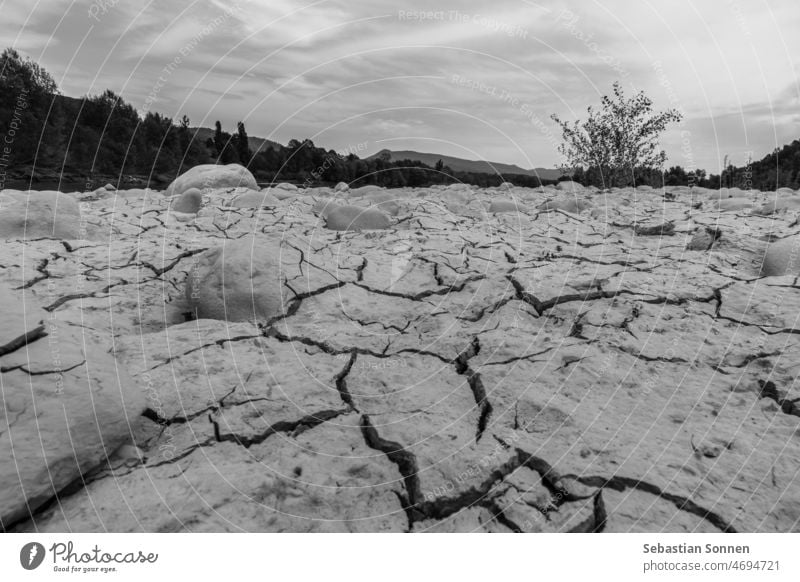 Dried up river bottom in black and white River Drought Climate Landscape Dry Environment Climate change Ground Nature country dirt Summer Mud Earth naturally