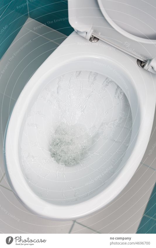 water flowing into a white toilet closet closet basin bowl wet new lavatory stream cleaning top view ceramic sanitaryware washout wash-out current hole spout