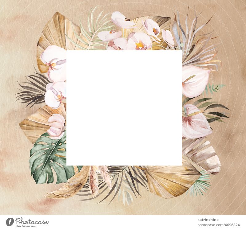 Watercolor Bohemian square frame with dried leaves and tropical flowers illustration watercolor boho wedding beige palm banana pampas grass cotton orchid roses