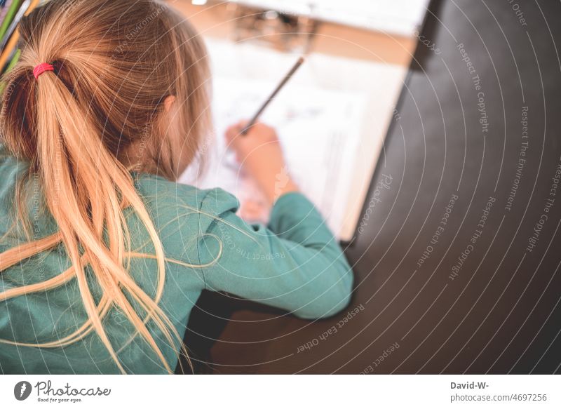 Child doing homework Homework Write Homeschooling Painting (action, artwork) Study School Education pen Booklet Girl eager Diligent