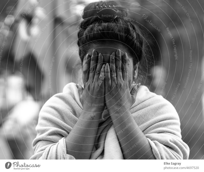 A young woman desperate.... Grief Sadness Black & white photo Distress Hair and hairstyles Covered secured