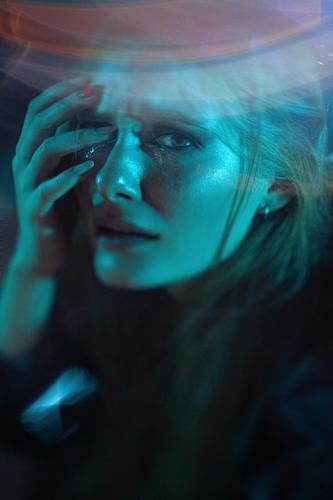 sad young woman and blue light model cry Face Sadness Cry Distress Loneliness Emotions Human being abuse Pain scared Woman Helpless Force portrait