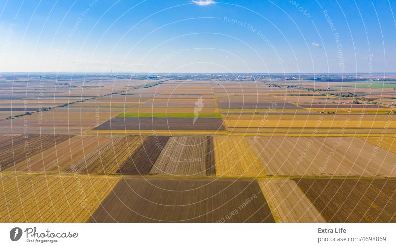 Aerial view of agricultural fields in autumn, farm fields Above After Harvest Agricultural Agriculture Arable Autumn Cereal Colorful Country Countryside