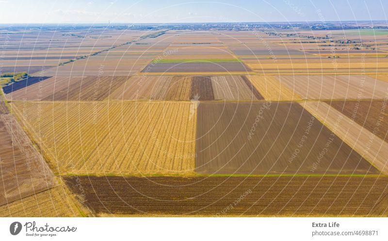 Aerial view of agricultural fields in autumn, farm fields Above After Harvest Agricultural Agriculture Arable Autumn Cereal Colorful Country Countryside