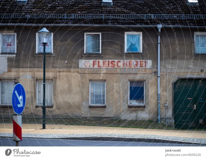 Once upon a time there was a butcher's shop on the main street House (Residential Structure) Butcher Load Word Facade Typography German Brandenburg Old GDR