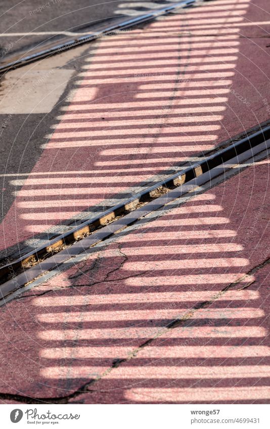 Construction site crossing | shadow of construction fence on asphalt Hoarding cordon Construction site protection Intersection off Tram lines Safety Fence