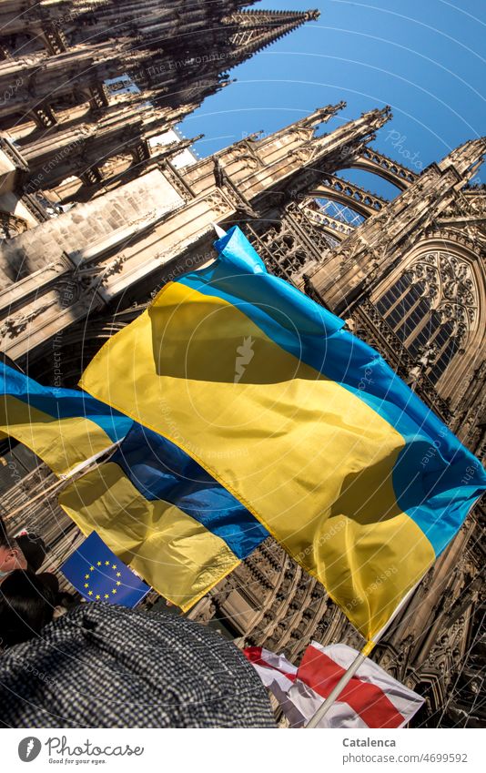 Ukrainian flags in front of Cologne Cathedral Flag Ukraine ehen slew European Union belarus Dome Manmade structures Architecture Town Landmark Church Building