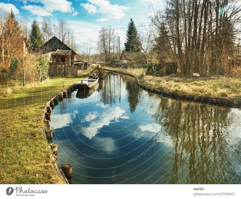 Out of this world loam Spreewald Rowboat Idyll Calm Deserted Landscape Sky Clouds Environment Beautiful weather Building House (Residential Structure) Roof