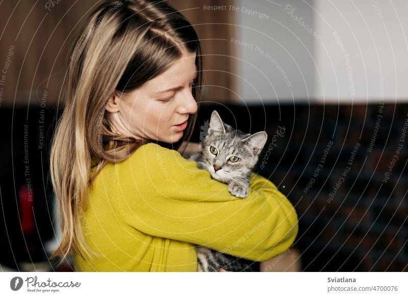 Young woman in home clothes hugging her cat at home holding kitten cute girls petting style care fun animal house young happy love beautiful beauty lifestyle