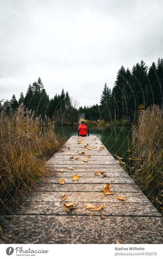 Woman with red jacket sits on jetty Footbridge Water Lake Calm Exterior shot Loneliness Wood Nature Relaxation Rain Lakeside Landscape Clouds cloudy Forest