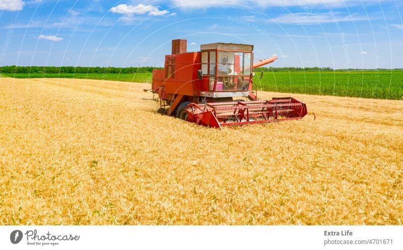 Above view on obsolete combine, harvester machine, harvest ripe cereal Agricultural Agriculture Cereal Combine Country Countryside Crop Cut Dry Farm Farmer