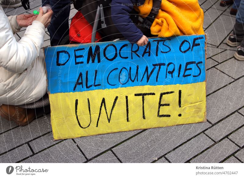 democrats unite poster with ukrainian national colors countries Unite all Countries sign Demo protest peace demo Demonstration Democracy Solidarity Peace
