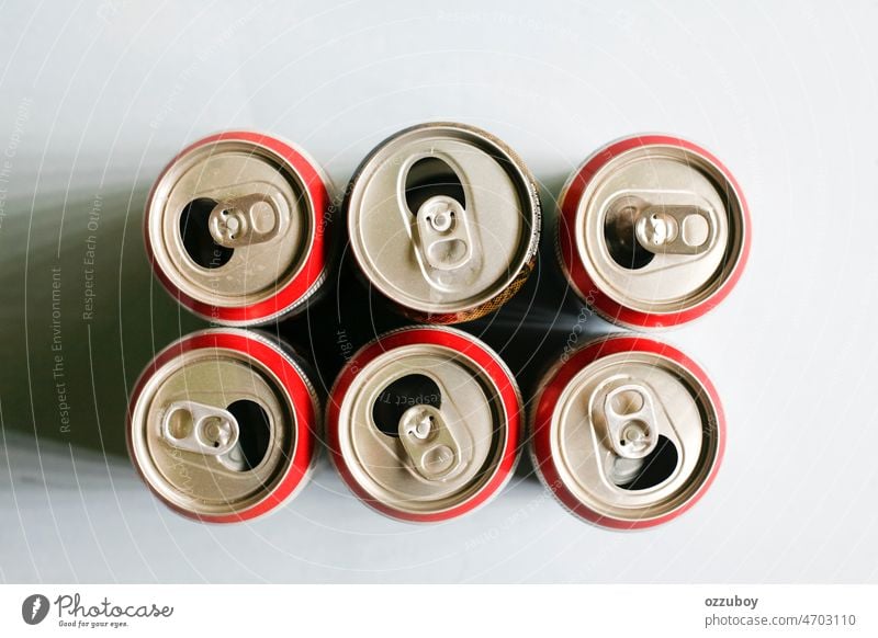 Group of cans for reuse and recycle. Empty cans top view. soda drink aluminium empty used metal container aluminum tin object background closeup metallic