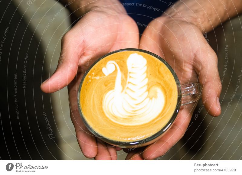 Making of cafe latte art, bird shape coffee hands swan aroma mocha milk cup business cappuccino design heart food pattern vintage texture face kitchen animal