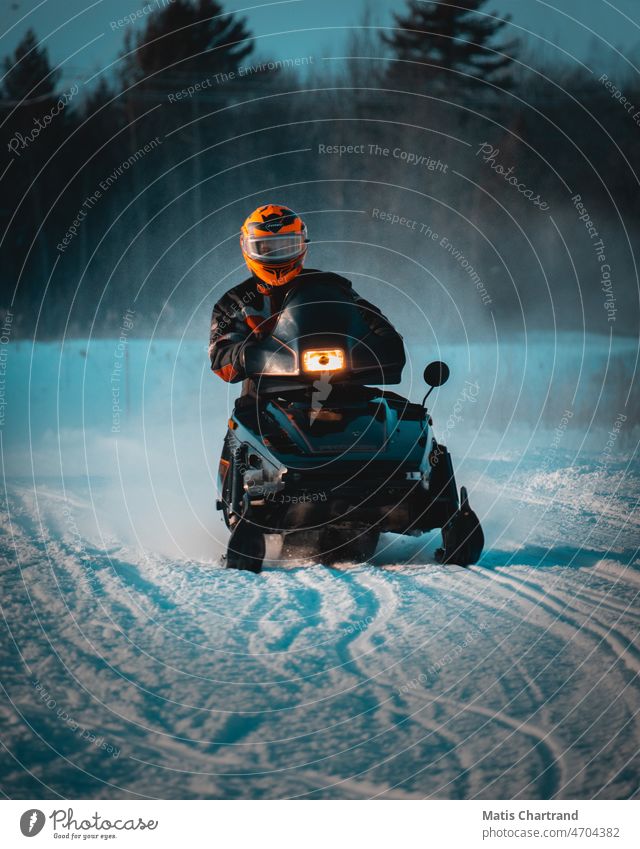 Snowmobile riding in the snow Winter Winter mood Winter's day Cold Frost Winter forest White Exterior shots