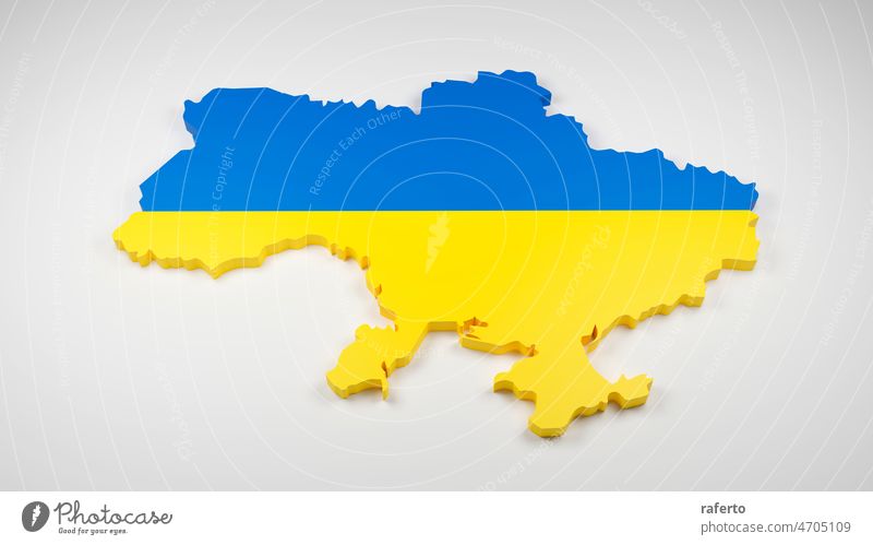 Ukraine map with flag. 3d render cartography shiny shape blue symbol crimea ukraine border colours cut out generated geography government horizontal