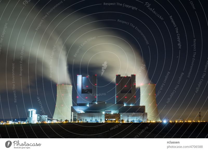 coal power station at night Coal-fired power plant industrial electricity stream cooling tower electricity factory energy steam co2 Lignite Power Plant chimney